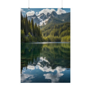 Mountain peaks and pine trees reflected in a crystal-clear lake with clouds