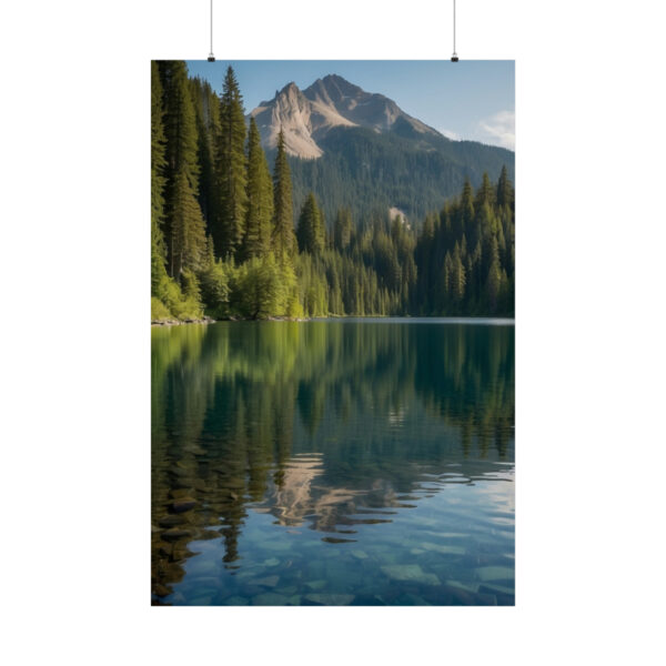 Mountain peak and pine trees reflected in a calm, clear lake