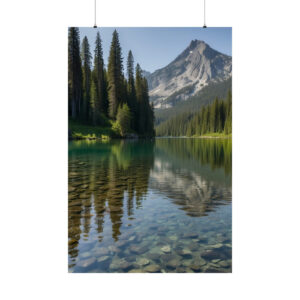 Crystal clear lake reflecting pine trees and a mountain peak