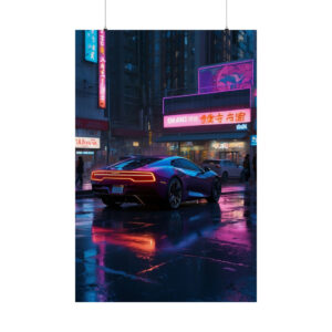 sleek sports car parked on neon-lit city street at night with glowing reflections on wet pavement