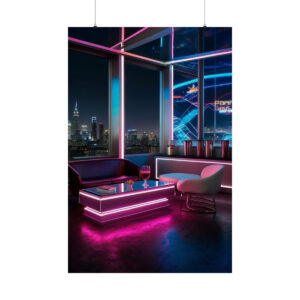 modern rooftop lounge with pink and blue neon lights, futuristic furniture, and a city skyline view at night