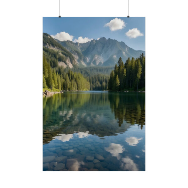 Clear lake reflecting mountains and forest under a blue sky with clouds