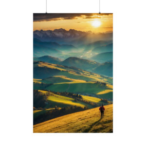 Hiker walking on a grassy hill with mountain range and valley at sunset