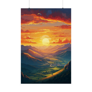 Sunset over a valley with winding river and distant mountains