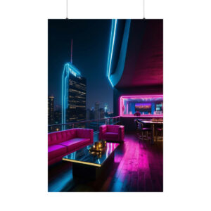 modern rooftop lounge with pink and blue neon lights, sleek furniture, and a city skyline view at night