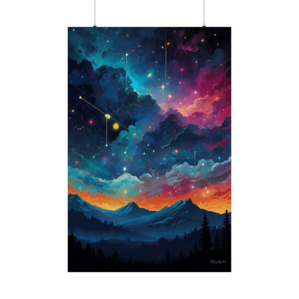 Starry night sky with mountains and forest silhouettes beneath colorful clouds