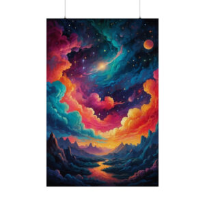 vibrant cosmic sky with colorful clouds and stars over a river flowing through mountains