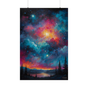 vibrant cosmic sky with colorful clouds and stars over a lake surrounded by trees