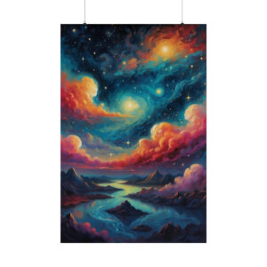 vibrant cosmic landscape with swirling clouds, stars, and a glowing river flowing through mountains