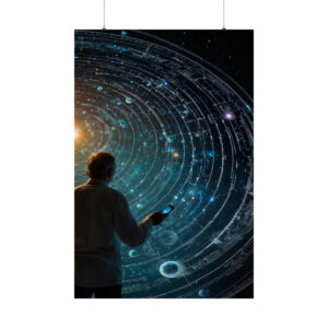 person holding a device, standing in front of a glowing digital spiral representing the universe