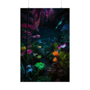 vibrant glowing flowers in a mystical garden under a starry night sky