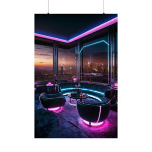 modern rooftop lounge with pink and blue neon lights, round chairs, and a sunset city skyline view