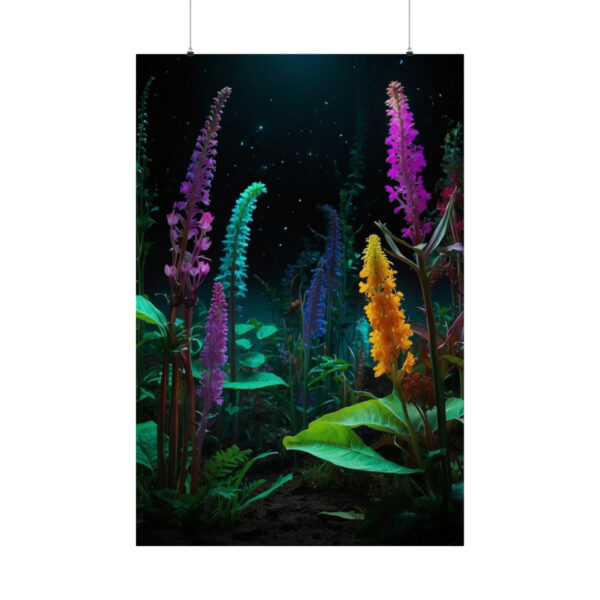 glowing tall flowers in a mystical forest under a starry night sky