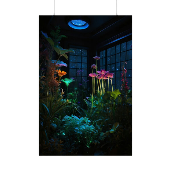 glowing flowers and plants inside a dark room with a skylight at night