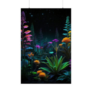 glowing plants and flowers in a mystical forest under a starry night sky