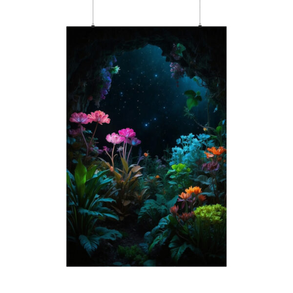 glowing flowers and plants in a magical forest under a starry night sky