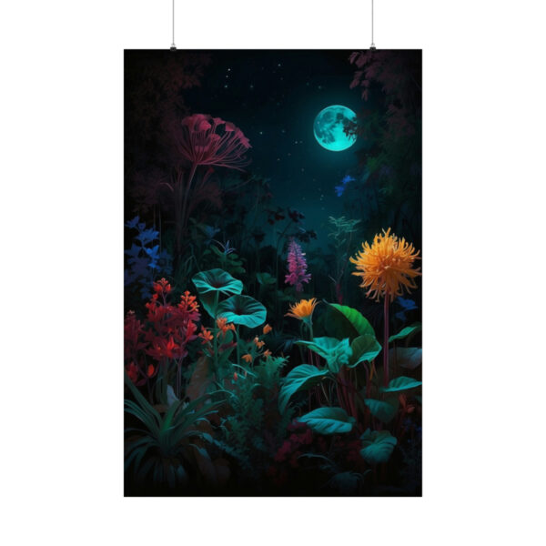 mystical garden with colorful glowing plants under a full moon at night