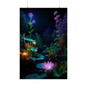 vibrant glowing flowers and plants in a mystical nighttime garden