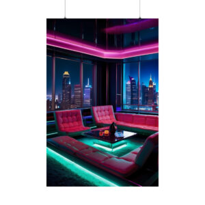 modern rooftop lounge with pink and green neon lights, red seating, and a city skyline view at night