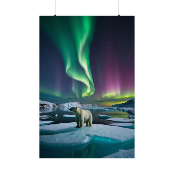 polar bear standing on an iceberg under the northern lights in a colorful night sky