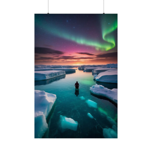 person standing on icy water surrounded by icebergs under the northern lights