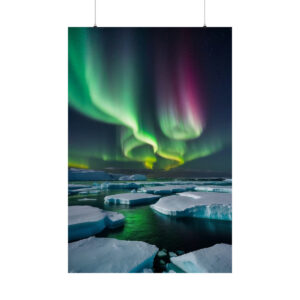 northern lights over icy landscape with floating icebergs