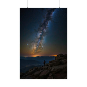 person standing on rocky terrain under the Milky Way in a starry night sky