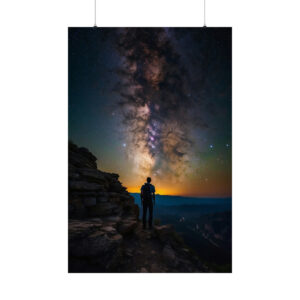 person standing on rocky cliff under the Milky Way in the night sky