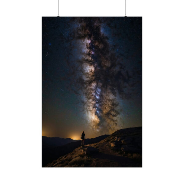 person standing under the Milky Way in the night sky on a mountain trail