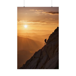 climber ascending a steep mountain slope at sunset with distant mountain ranges