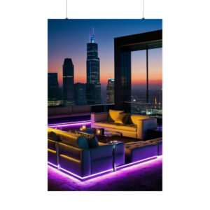 modern rooftop lounge with purple neon lights and a sunset city skyline view