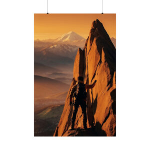 climber scaling a jagged mountain peak at sunset with distant snow-capped mountains