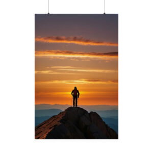 silhouette of a person standing on a mountain peak at sunrise with a glowing sky