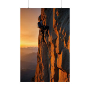 climber on a vertical rock face during sunset with distant mountains