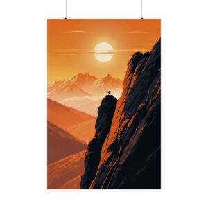 climber standing on a steep mountain cliff at sunset with distant mountain range