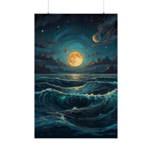 ocean waves illuminated by full moon with swirling clouds and distant planets in night sky