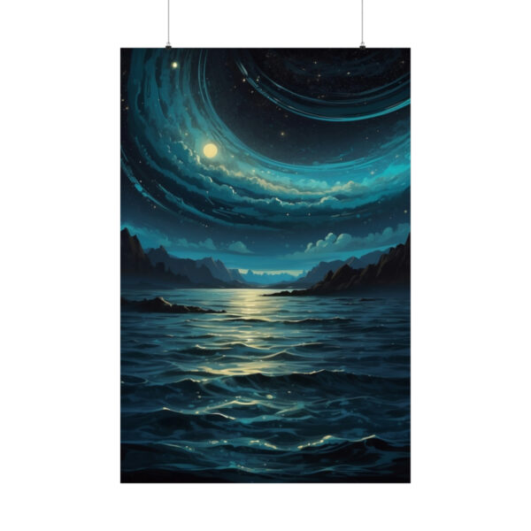 calm ocean under swirling starry sky with glowing moon and distant mountains