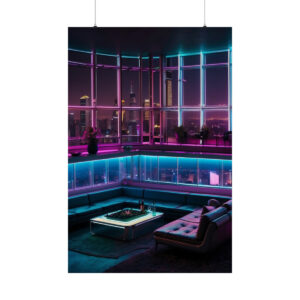 modern rooftop lounge with neon pink and blue lights and a panoramic city view at night