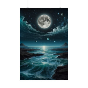 ocean waves with rocky shores under a glowing full moon and planets in the night sky