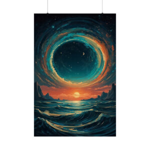 surreal ocean waves under a cosmic circular sky with stars and sunset