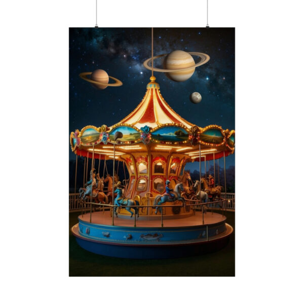 glowing carousel with horses under a cosmic night sky with planets poster