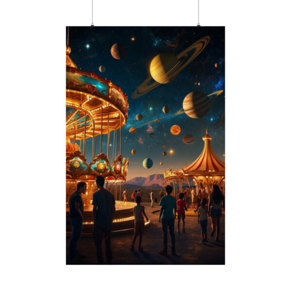 surreal carousel with glowing planets in a cosmic night sky poster