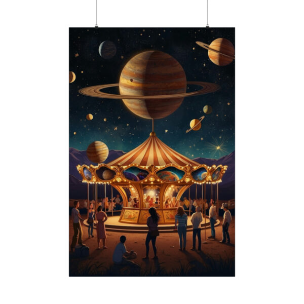 surreal carousel with planets in the night sky poster