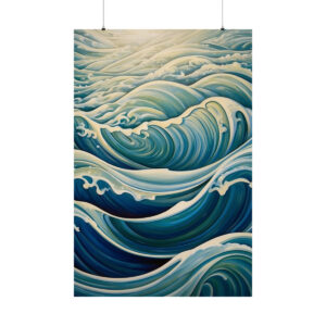 stylized ocean waves in motion with soft blue hues poster