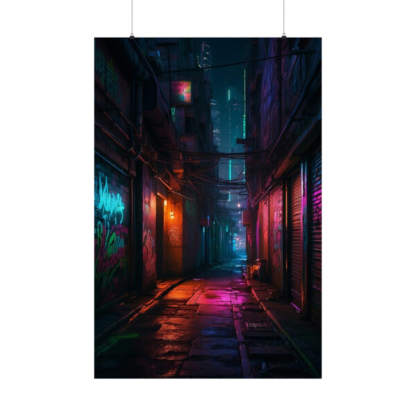 dark urban alley with neon lights reflecting off wet pavement and graffiti-covered walls