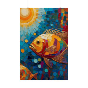 abstract colorful fish swimming under a bright sun poster