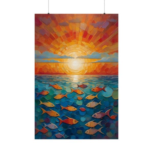 abstract colorful fish swimming in ocean under a vibrant sunset poster