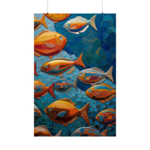 abstract painting of colorful fish swimming underwater poster