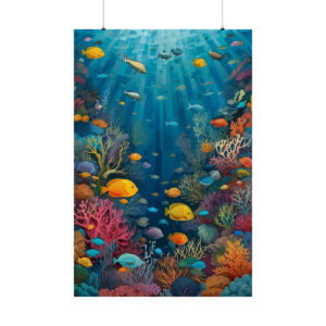 vibrant underwater coral reef scene with colorful tropical fish poster