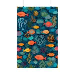 colorful underwater scene with coral and various tropical fish poster